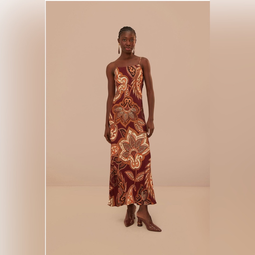 NWT|Farm Rio | Burgundy Leopard Paisley Lenzing Ecovero Viscose Maxi Slip Dress